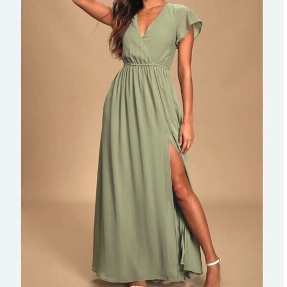 Lulu’s Green Cinch Waist Chiffon Front Slit Maxi Formal Dress NWT Size Small - Picture 1 of 7